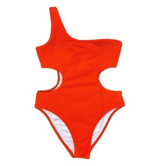 Pink Victoria’s Secret swimsuit one piece Orange Crinkle One Shoulder medium - Picture 1 of 14